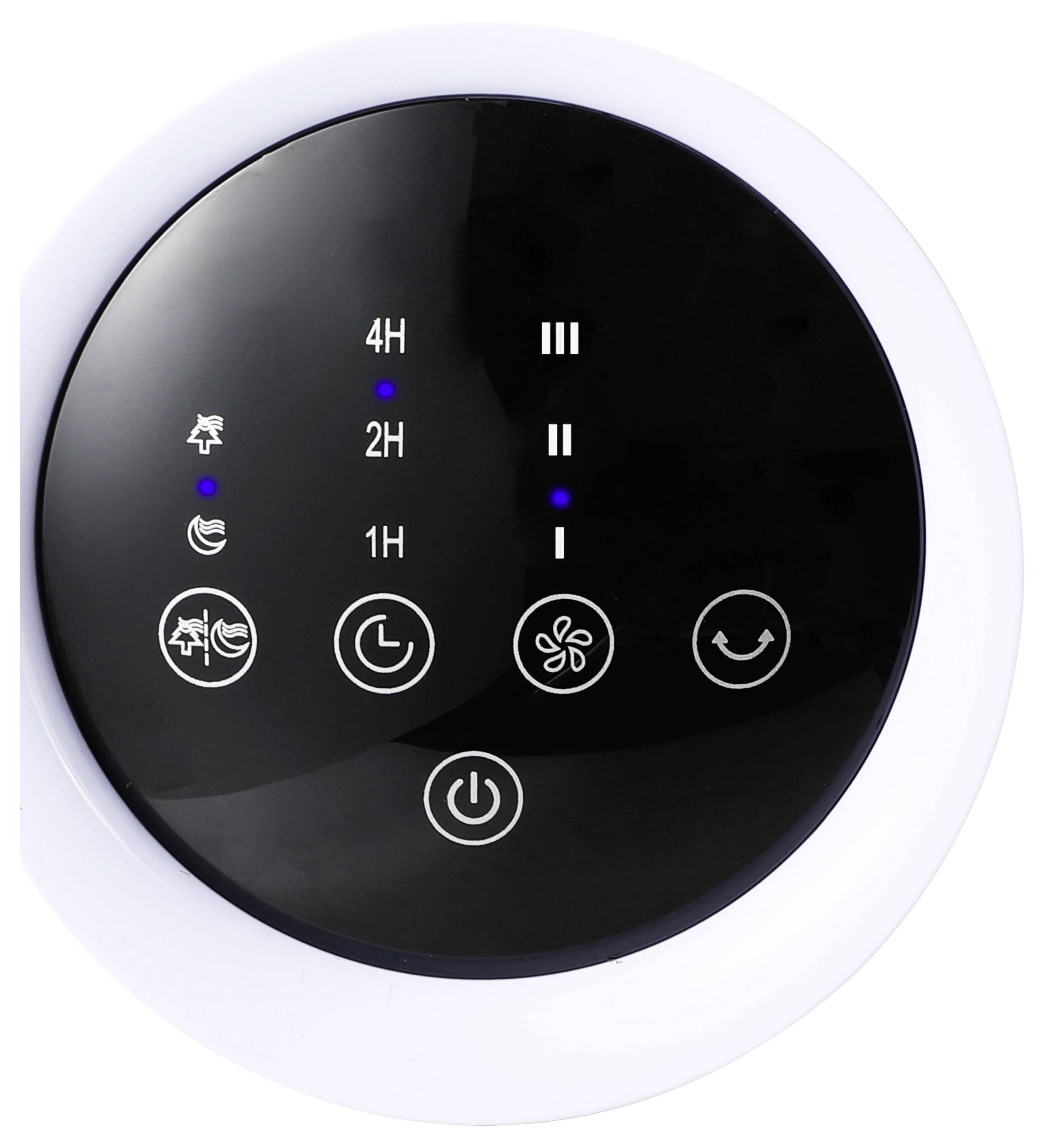 Ein rundes, schwarzes Bedienfeld mit weißen Symbolen und blauen Anzeigen, die Timereinstellungen (1H, 2H, 4H), Power-Taste, Gebläsestufen und Schwenkmoduswahl zeigen.