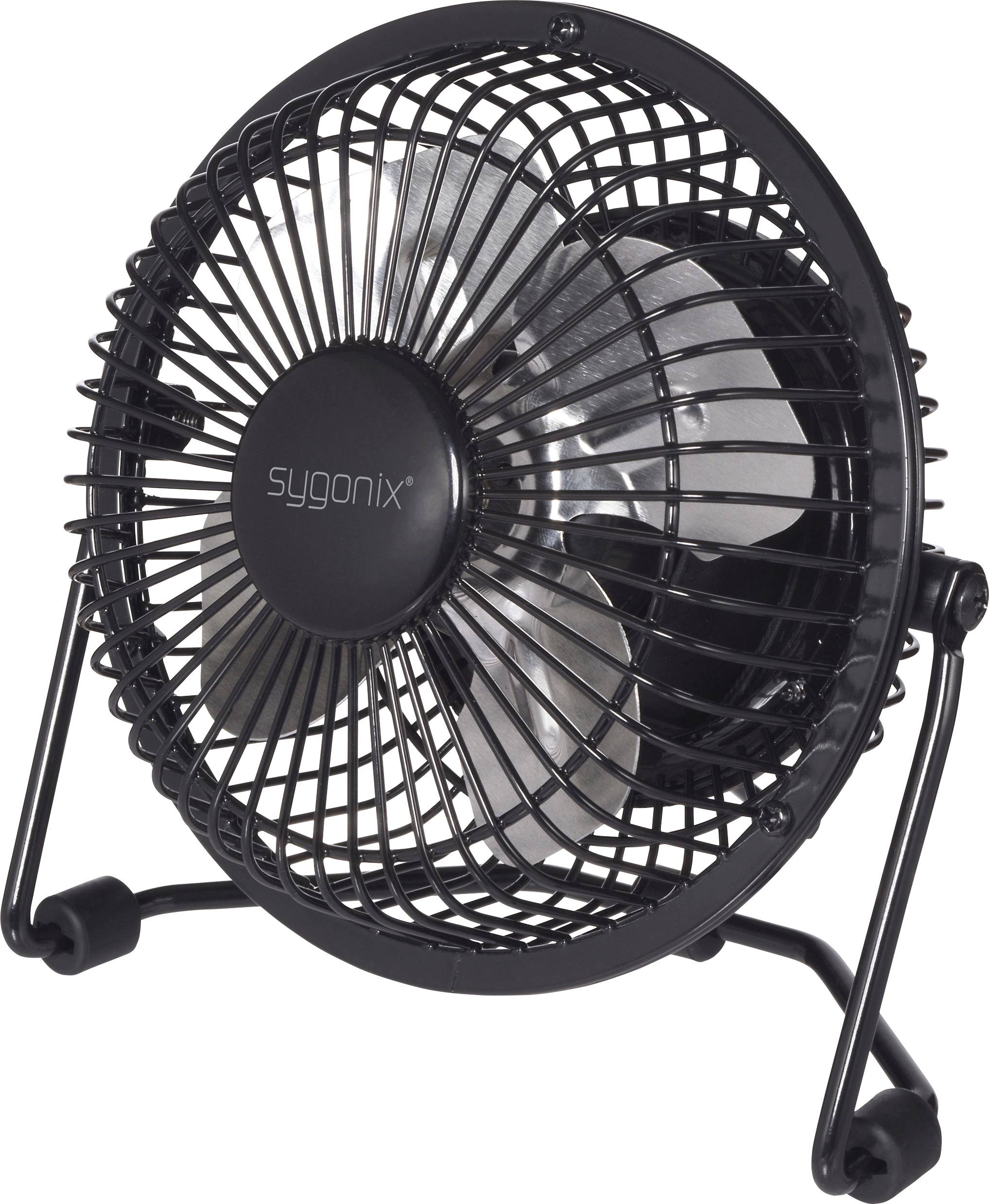 Ein kleiner schwarzer Metall-Schreibtischventilator mit silbernen Rotorblättern, auf dessen zentraler Nabe die Marke 'sygonix' angebracht ist.