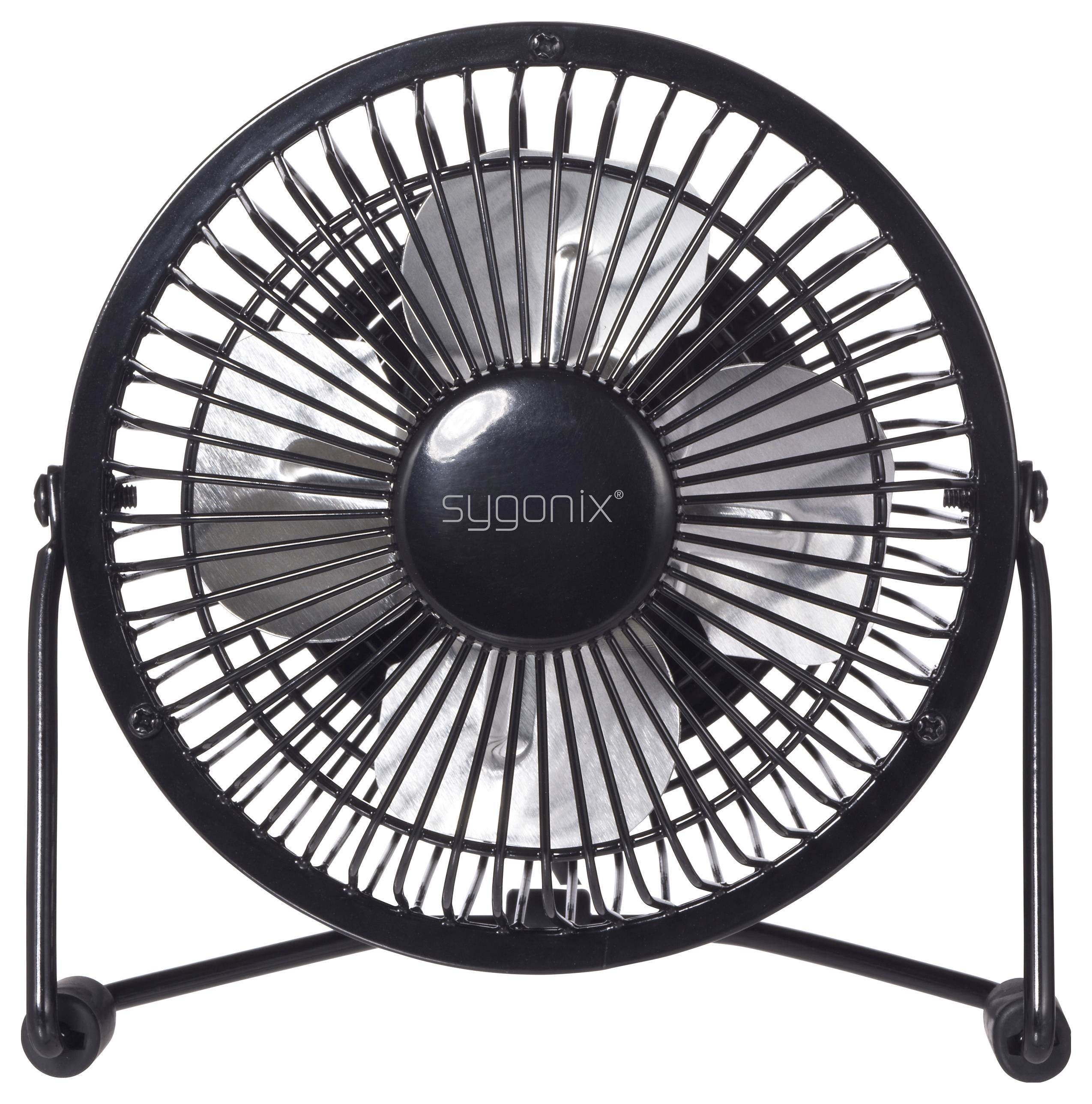 Ein schwarzer Sygonix Schreibtischventilator mit einem kreisrunden Rahmen und sichtbaren Rotorblättern steht aufrecht. Er ist ausgeschaltet und vor einem schlichten weißen Hintergrund positioniert.