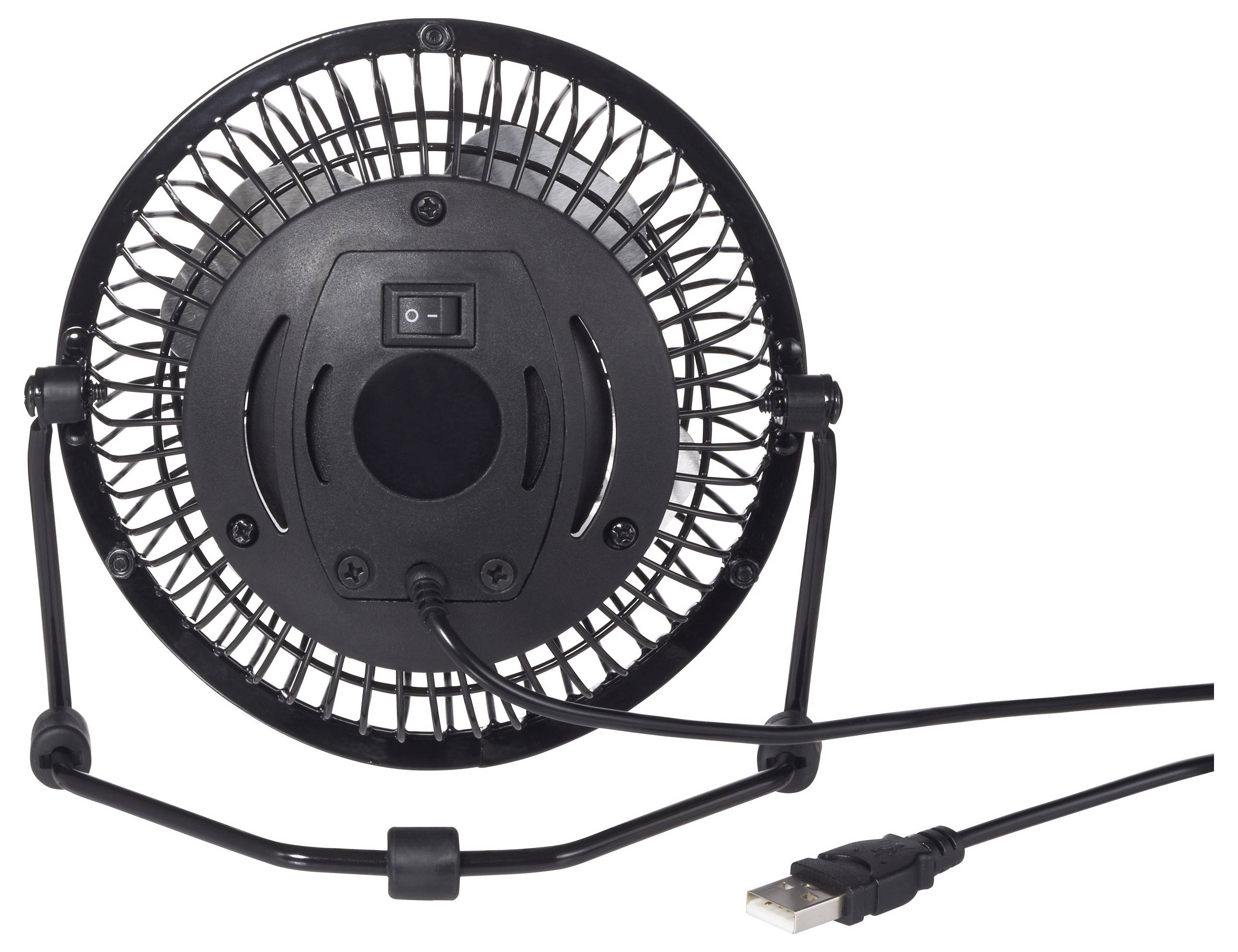 Ein kleiner, schwarzer Schreibtischventilator mit einem USB-Kabel, von hinten betrachtet, mit einem Netzschalter und einem Schutzgitter vor den Rotorblättern.