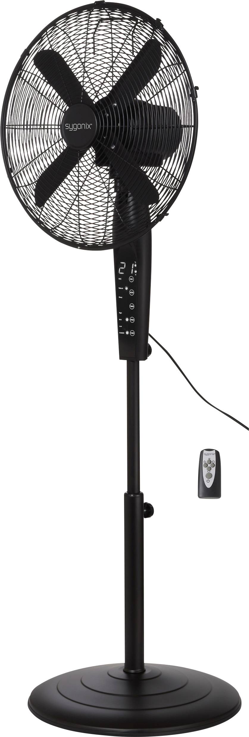 Ein schwarzer Standventilator mit einer Fernbedienung, die daneben liegt. Der Ventilator verfügt über eine verstellbare Höhe und mehrere Geschwindigkeitsstufen auf dem Bedienfeld.