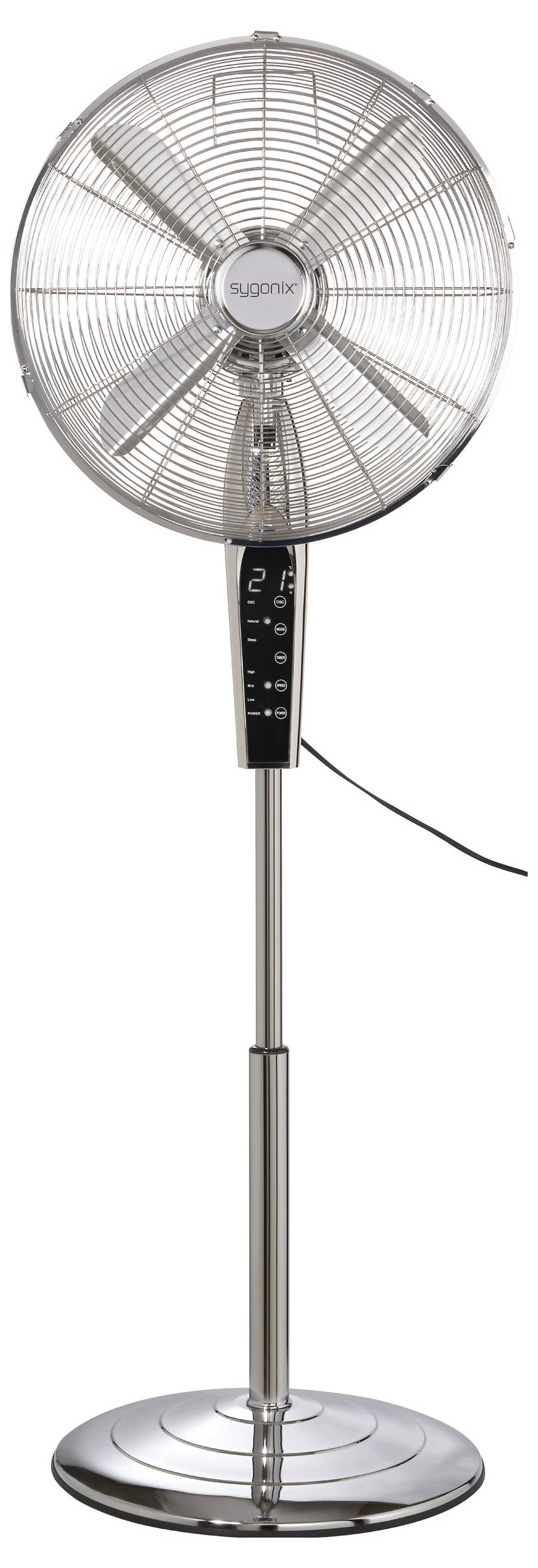 Hoher, silberner Standventilator mit rundem Schutzgitter, verstellbarer Höhe und Bedienfeld am Ständer.