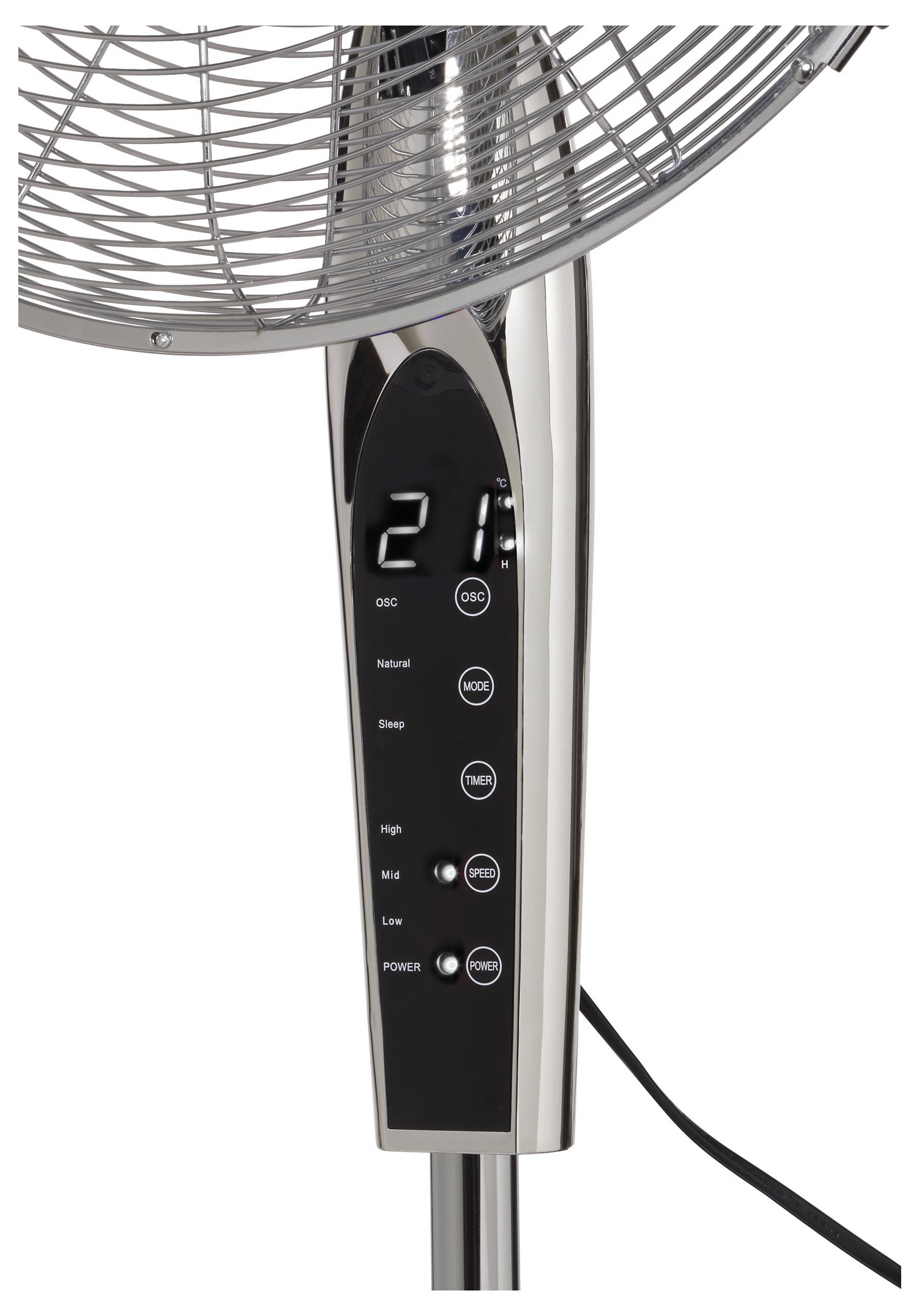 Turmventilator-Bedienfeld mit Einschaltknopf, drei Geschwindigkeitsstufen mit den Bezeichnungen Hoch, Mittel, Niedrig und digitalem Display mit der Anzeige 21.