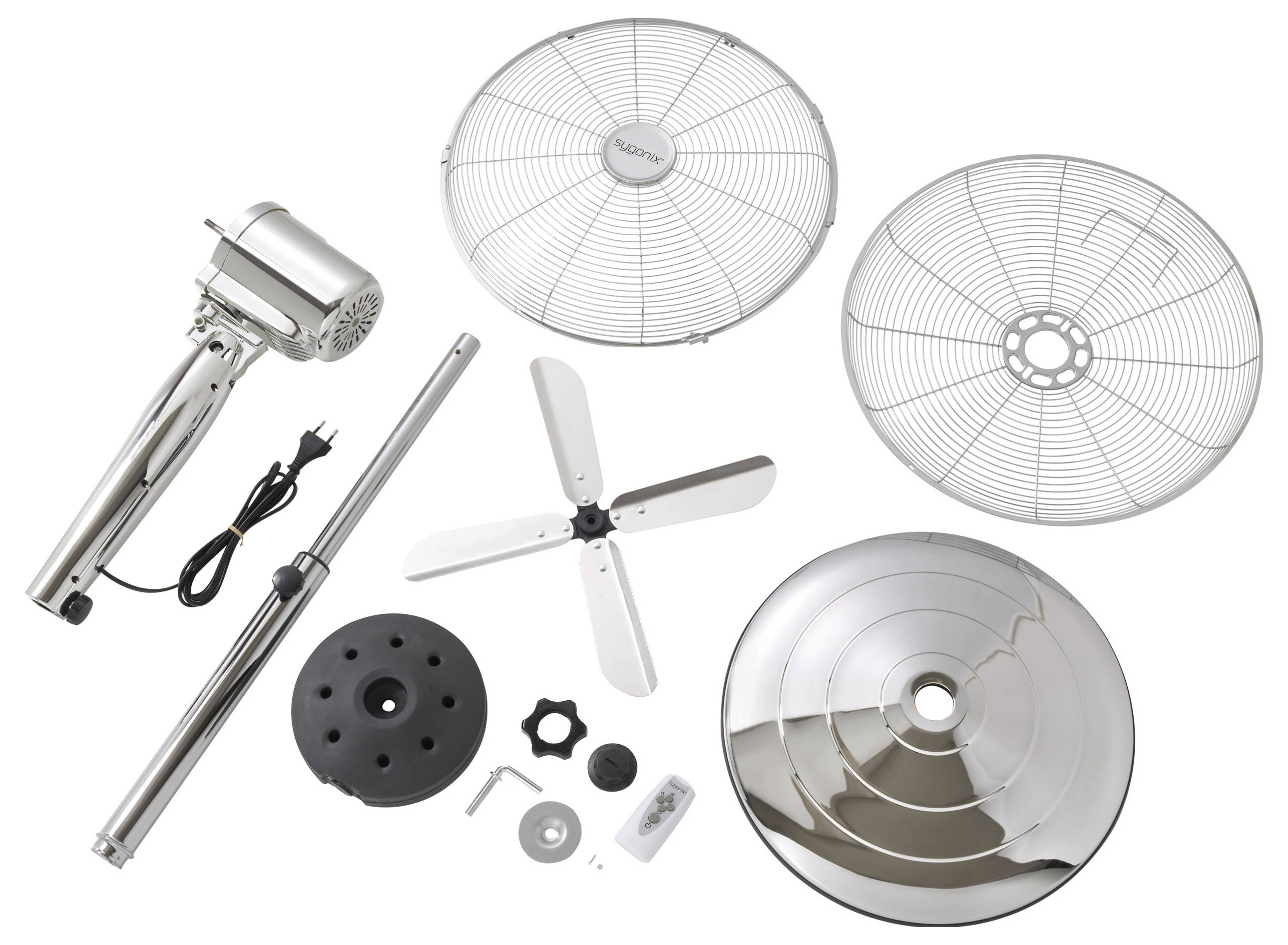 Teile eines Standventilators, einschließlich Motor, Flügel, Schutzgitter, Ständer und Sockel, auf weißem Hintergrund zur Montage angeordnet.