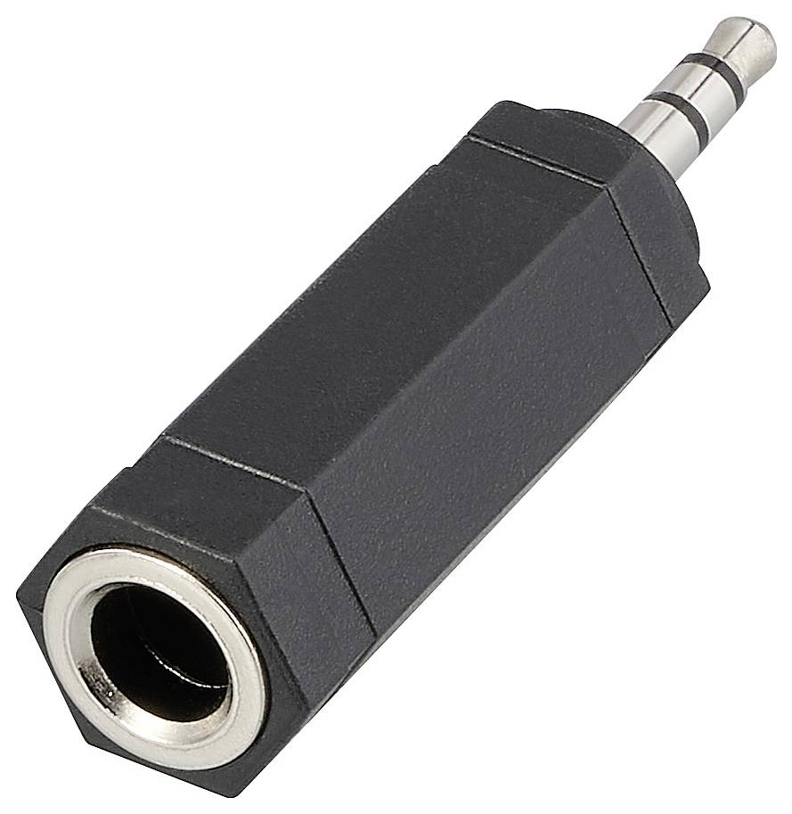 Ein schwarzer Audio-Adapter mit einem 3,5-mm-männlichen Stereo-Stecker und einer Buchse, verwendet zum Verbinden verschiedener Audiogeräte.