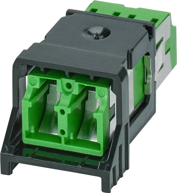 Ein grün-schwarzer elektrischer Verbinder mit zwei Anschlüssen, mit den Beschriftungen 