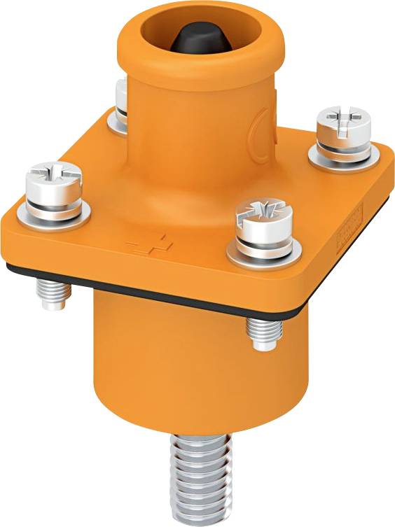 Ein orangefarbener Plastik-Kabelverbinder mit quadratischer Basis und vier Schrauben an den Ecken, der für elektrische Verbindungen verwendet wird.