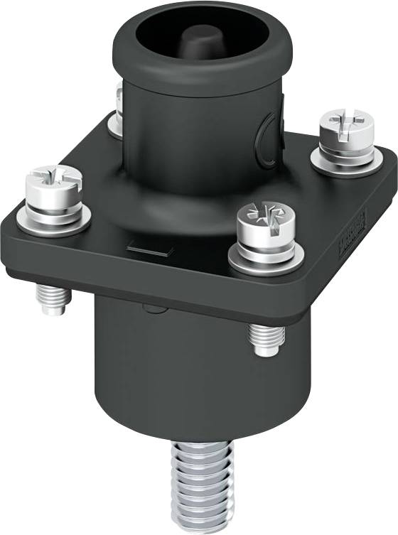 Eine schwarze mechanische Komponente mit Schrauben und einem zylindrischen Oberteil, möglicherweise ein Teil einer größeren Maschine oder Vorrichtung zur Montage oder Unterstützung.