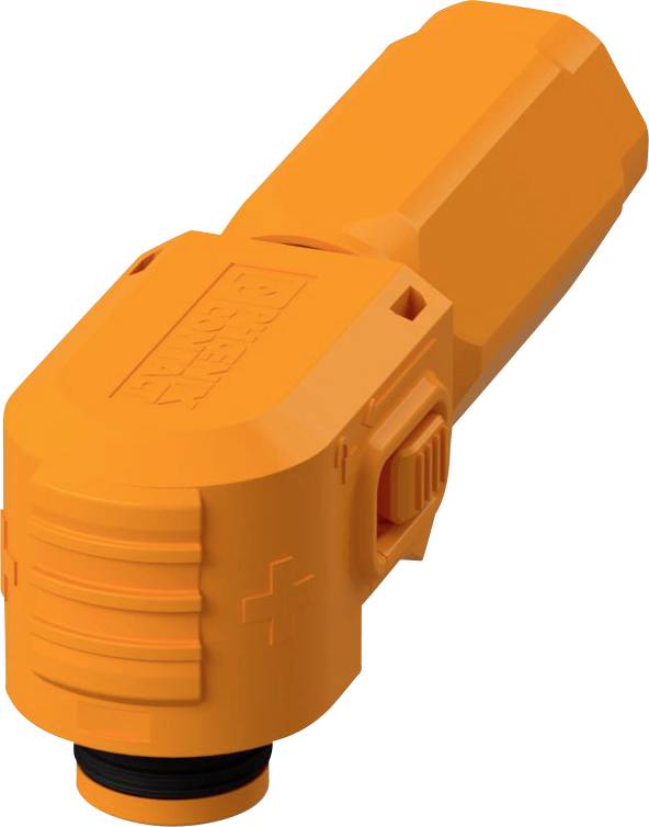 Ein orangefarbener elektrischer Steckverbinder mit einem Verriegelungsmechanismus, der für sichere und zuverlässige Stromverbindungen in industriellen Umgebungen konzipiert ist.