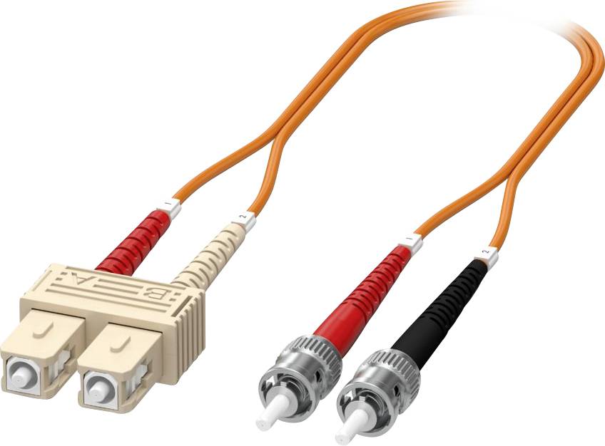 SC zu ST Glasfaser-Patchkabel mit orangefarbener Beschichtung und doppelten Anschlüssen zur Datenübertragung.