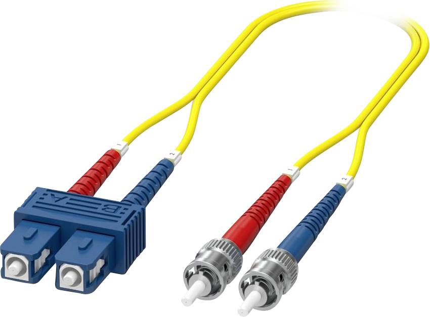 Ein gelbes Glasfaserkabel mit einem blauen Dual-LC-Stecker an einem Ende und roten und blauen SC-Steckern am anderen Ende.