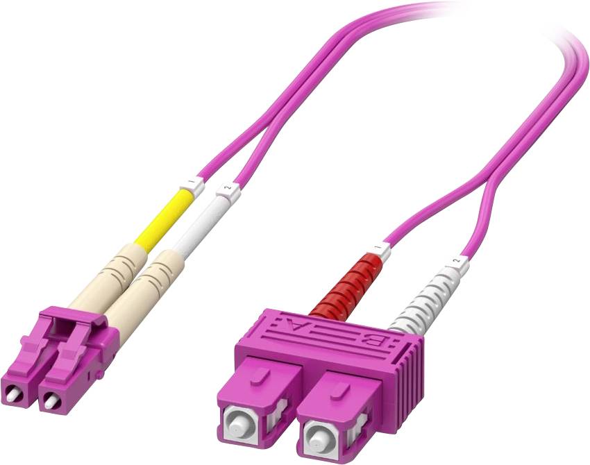 Bild eines rosa LC-zu-SC-Duplex-Glasfaserpatchkabels, das zur Verbindung von Netzwerkgeräten verwendet wird und die Steckverbinder und Kabelkonstruktion zeigt.