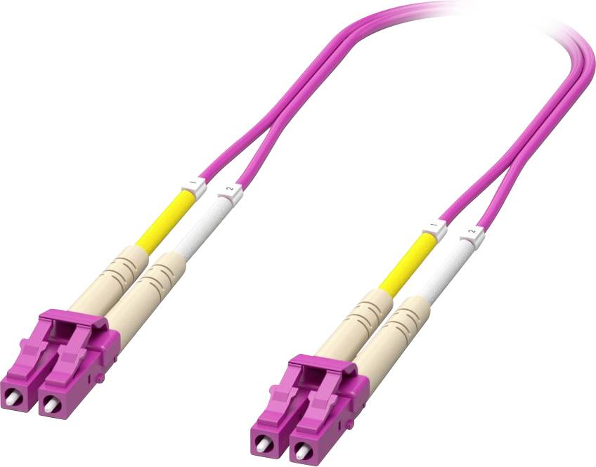 Ein pinker Glasfaserkabel mit zwei LC-Steckern an beiden Enden, verwendet für hochgeschwindigkeiten Datenübertragung in Netzwerksystemen.