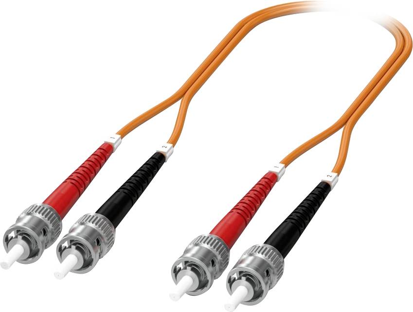 Bild von zwei orangefarbenen Glasfaser-Patchkabeln mit silbernen Anschlüssen, roten und schwarzen Ummantelungen, die für Hochgeschwindigkeits-Datenverbindungen verwendet werden.