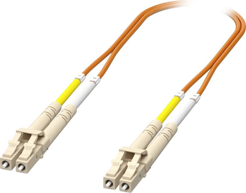 Ein orangefarbenes Glasfaserkabel mit beigen Anschlüssen an beiden Enden, verwendet für Hochgeschwindigkeits-Internetverbindungen.