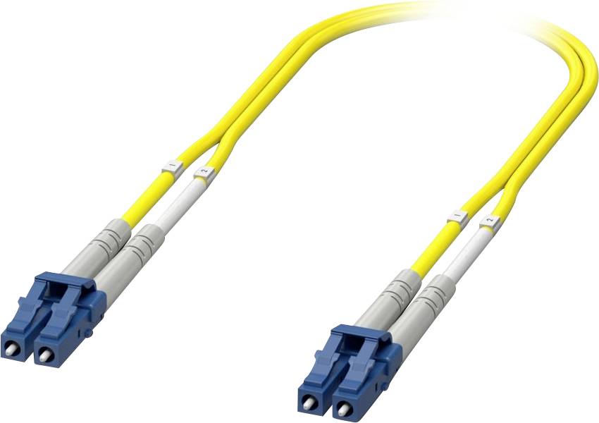 Ein gelbes Glasfaserkabel mit blauen Anschlüssen an beiden Enden, verwendet für Hochgeschwindigkeits-Internet und Datenübertragung.