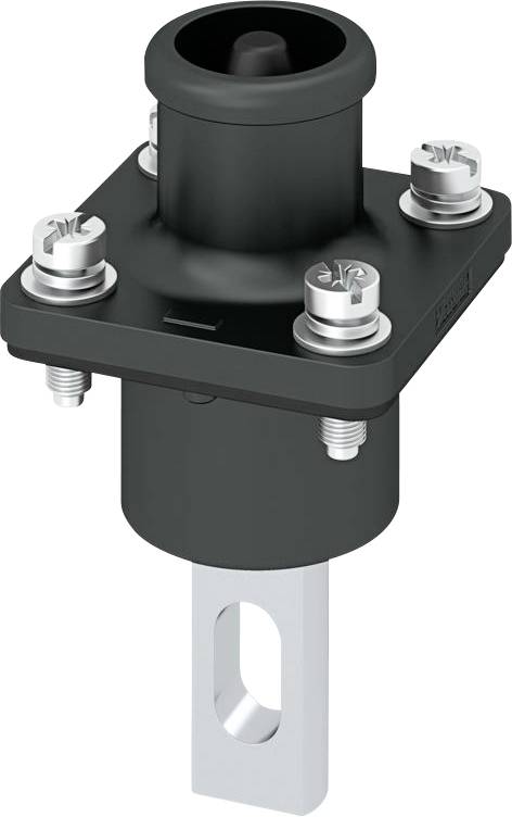 Das Bild zeigt eine schwarze Verriegelungsvorrichtung mit vier Schrauben auf der Oberseite, die an einer Metallbasis mit einem länglichen Schlitz an der Unterseite befestigt ist.