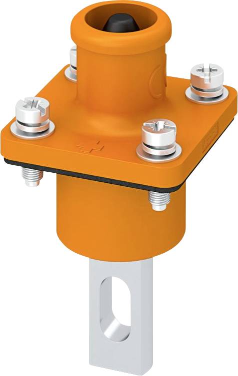 Ein orangefarbener elektrischer Verbinder mit vier Schrauben und einer Metallasche, konzipiert für sichere Kabelverbindungen.