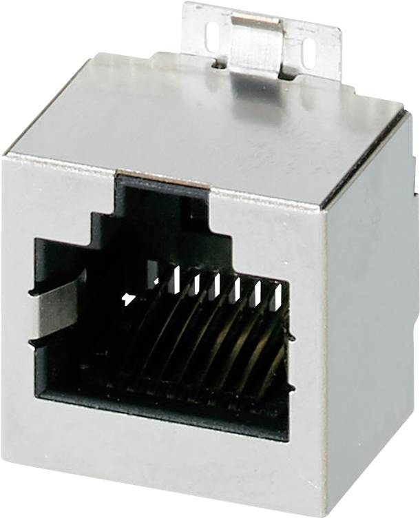 Metallische RJ45-Ethernet-Buchse mit sichtbaren Stiftanschlüssen, verwendet für Netzwerkkabelverbindungen.