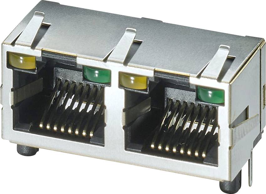 Dual-Port-RJ45-Anschluss mit LED-Anzeigen auf der Oberseite, verwendet für Netzwerkgeräte zur Datenübertragung.