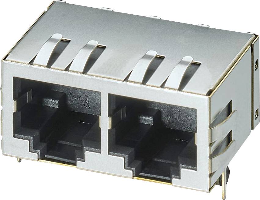 Zwei RJ45-Ethernet-Anschlüsse in einem Metallgehäuse, geeignet für Netzwerkverbindungen.
