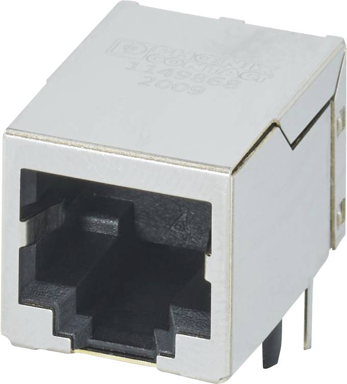 Metallische RJ45-Modularbuchse mit offener Anschlussöffnung, verwendet für Netzwerkkabel.