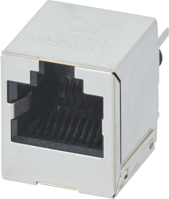 Silberner Ethernet-Anschluss aus Metall mit offener Buchse und sichtbaren Pins im Inneren, verwendet für Netzwerkkabelverbindungen.