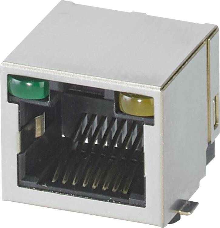 Ein silberner Ethernet-Anschluss mit grünen und gelben Signalleuchten.