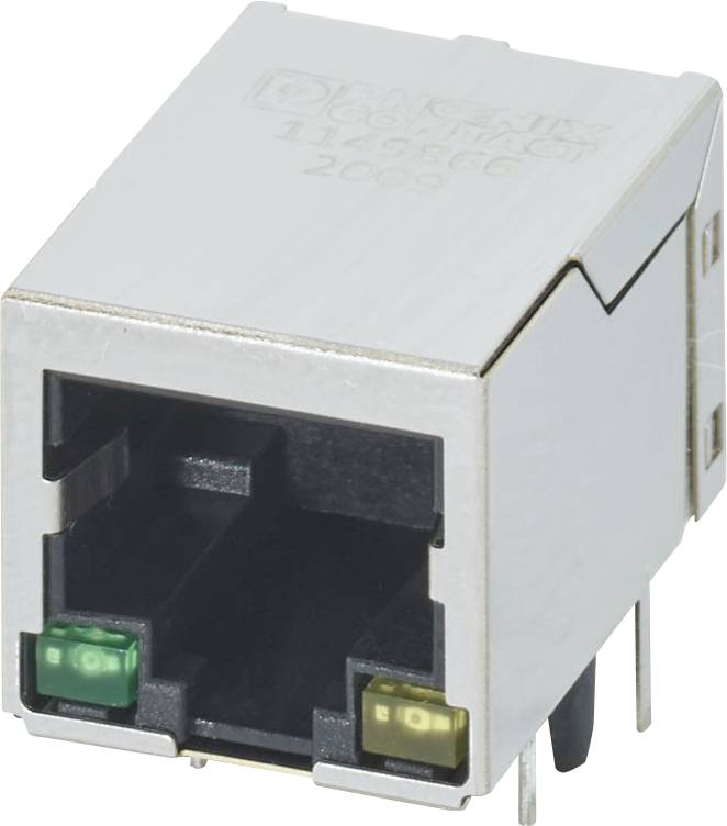 Eine Nahaufnahme eines metallischen Ethernet-Anschlusses mit sichtbaren gelben und grünen Indikatorlichtern im Inneren, der für Netzwerkkabelverbindungen verwendet wird.
