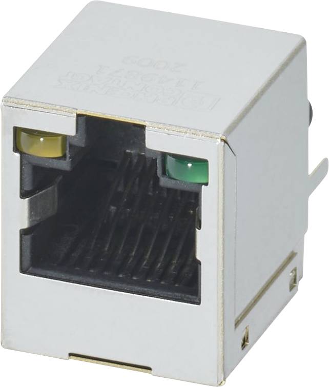 Eine Metall-RJ-45-Ethernet-Buchse, die nach vorne gerichtet ist, mit grünen und gelben Status-Indikatorlichtern auf der linken und rechten Seite.