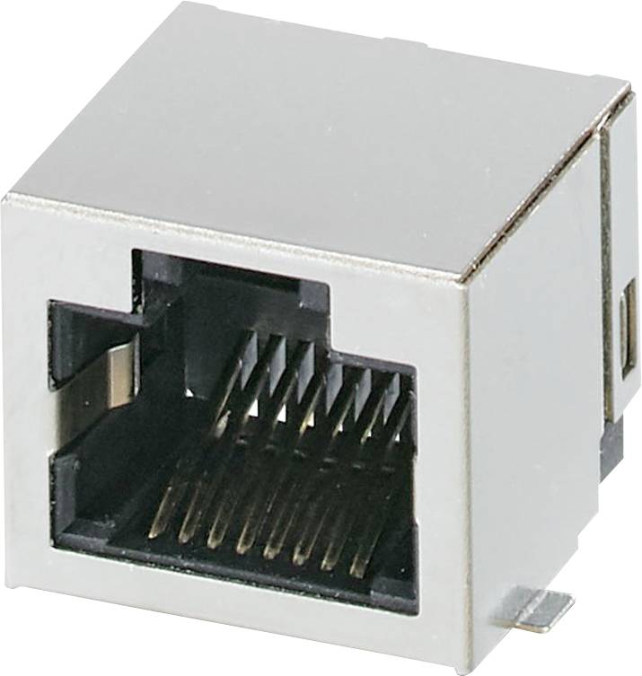Ein Ethernet-Anschluss mit RJ45-Steckverbinder aus Metall, der für Netzwerkkabelverbindungen verwendet wird.