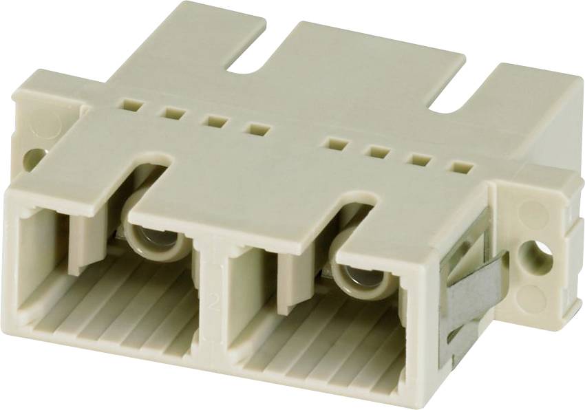 Ein hellbeiger, zweislotiger rechteckiger elektronischer Anschluss mit Metallclips und gerillten Schlitzen, der zum Verbinden von elektronischen Komponenten verwendet wird.