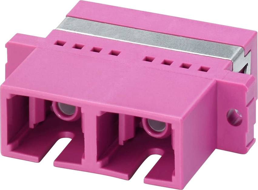 Ein rosa elektrischer Verbinder mit zwei Schlitzen und einem Metallstreifen oben, der zum Anschluss von Kabeln in elektronischen Geräten verwendet wird.