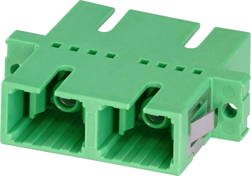 Grüner, rechteckiger Kunststoff-SC-Glasfaseradapter mit Doppelports und Metallclip. Wird zum Verbinden von Glasfaserkabeln in der Telekommunikation verwendet.