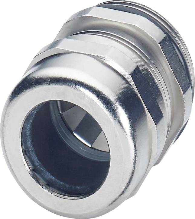 Eine glänzende Metall-Kabelverschraubung zum Sichern und Abdichten von Kabeln, mit einem geränderten Gewindekörper und einer glatten, abgerundeten Kante.