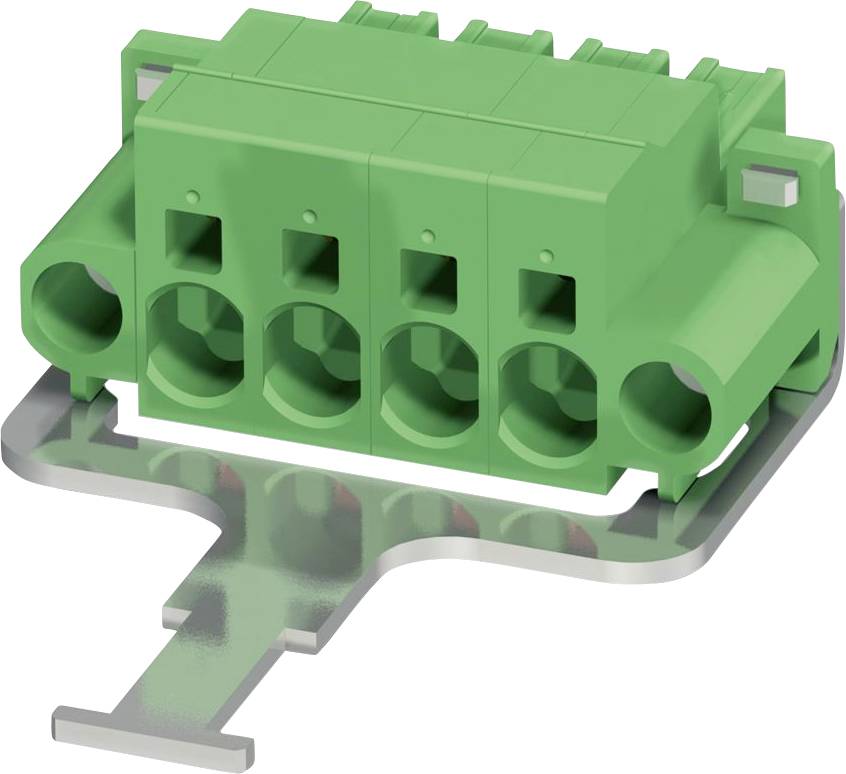 Ein grüner elektrischer Anschluss mit vier kreisförmigen Anschlüssen, der auf einer metallischen Basis montiert ist und in der Elektronik häufig für sichere Verbindungen verwendet wird.