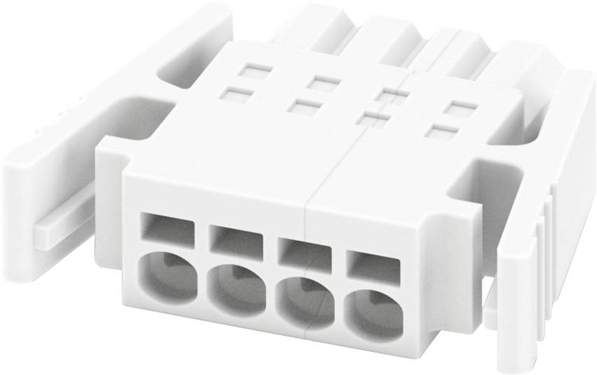 Ein weißer Mehrfach-Elektrostecker mit vier Anschlüssen, versehen mit Verriegelungslaschen an den Seiten für sichere Verbindungen.