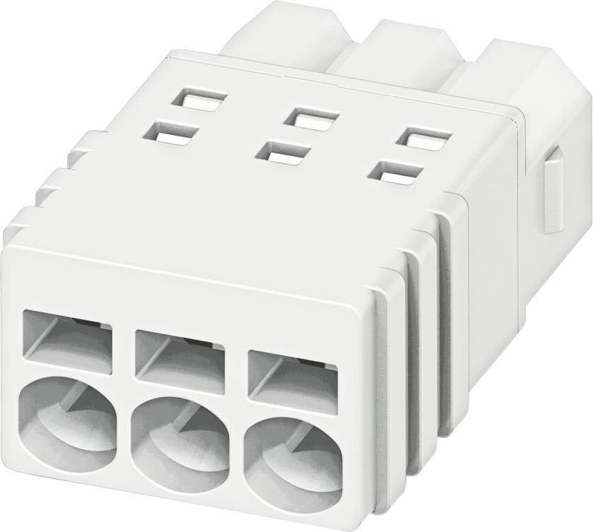 Ein dreiadrige weiße elektrische Verbindungskomponente mit Blockform, die an einem Ende drei kreisrunde Öffnungen und auf der Oberseite rechteckige Schlitze aufweist.