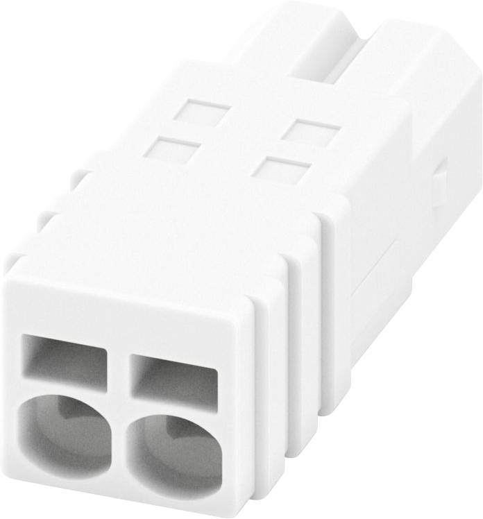 Ein weißer elektrischer Steckverbinder mit zwei quadratischen Löchern für Stecker. Er hat geriffelte Seiten und eine rechteckige Form, der häufig für Stromverbindungen verwendet wird.