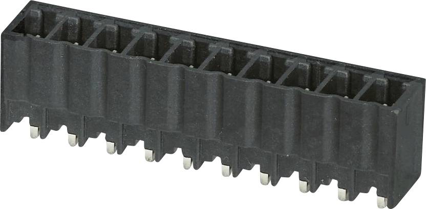 Ein schwarzer rechteckiger elektronischer Anschluss mit mehreren Steckplätzen, der für die Montage auf einer Leiterplatte konzipiert ist und Metallstifte an der Unterseite aufweist.
