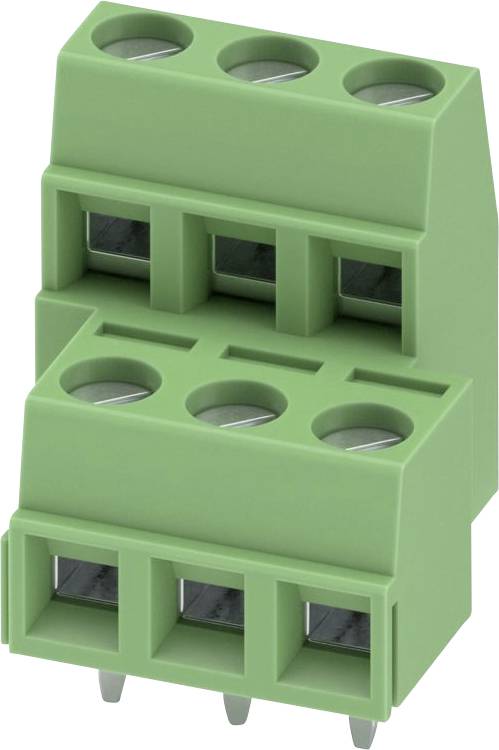 Ein grüner 3-poligen Schraubklemmenblock-Anschluss mit Schraubanschlüssen und Kontaktstiften, verwendet zum Verbinden von Drähten in elektrischen Schaltkreisen.