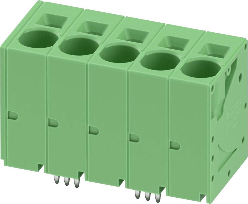 Ein grüner Anschlussblock mit fünf Anschlussports, der zum Verbinden von elektrischen Leitungen in industriellen und elektronischen Anwendungen verwendet wird.