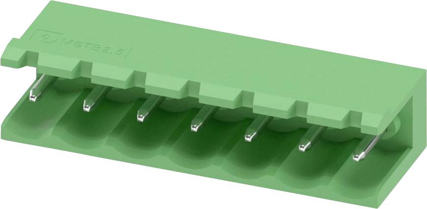 Ein grüner elektronischer Stecker mit acht Pins, der für Leiterplattenanschlüsse verwendet wird. Er hat eine Winkelausführung von 90 Grad und ist mit 'GSTB2.5' beschriftet.