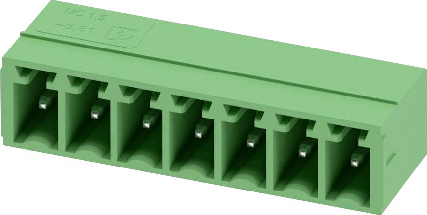 Ein grüner 8-poliger Anschlussblock-Verbinder mit beschrifteten Schlitzen für elektrische Verbindungen.