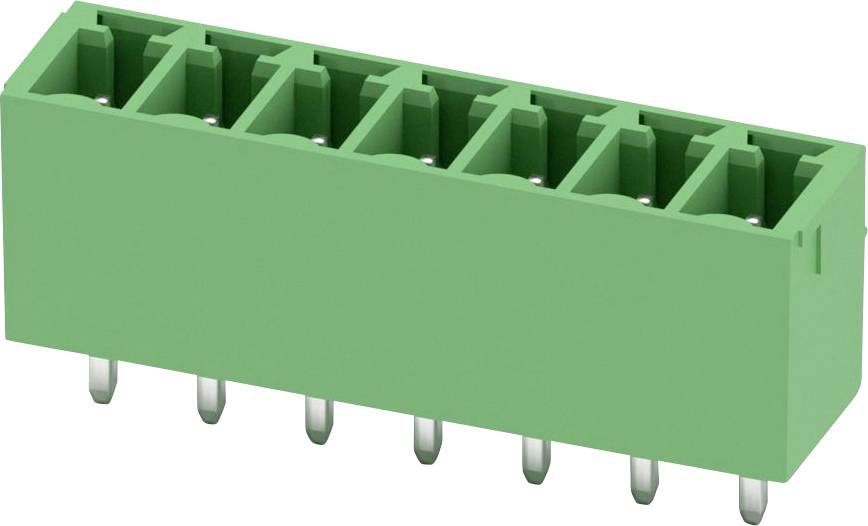 Ein grüner rechteckiger elektrischer Steckverbinder mit neun Metallstiften, die unten für Verbindungszwecke ausgerichtet sind.
