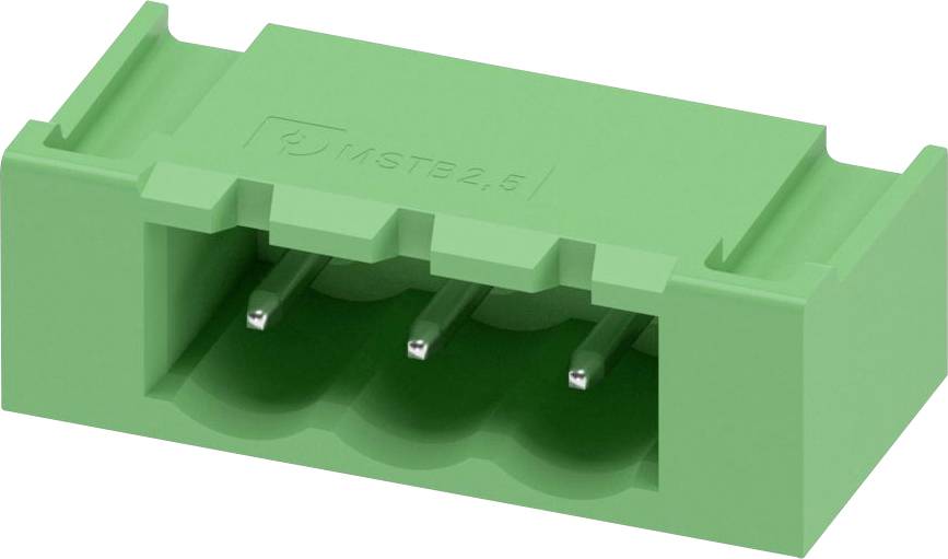 Ein grüner MSTB 2,5 Anschlussblock mit drei Metallstiften, der für elektrische Verbindungen verwendet wird.