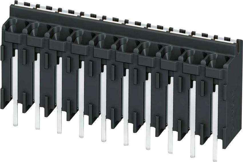 Eine schwarze, rechteckige elektronische Komponente mit mehreren vertikalen Metallstiften, die von der Unterseite abstehen und für Leiterplattenanschlüsse verwendet werden.