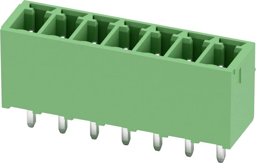 Ein grüner rechteckiger elektrischer Steckverbinder mit acht Steckplätzen und Metallstiften für elektronische Schaltungsverbindungen.