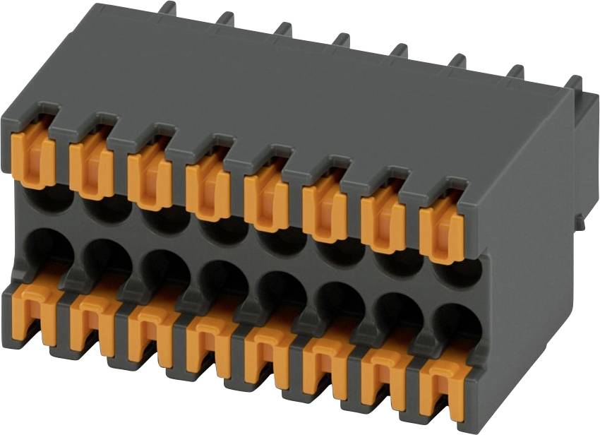 „Ein zweireihiger orange-schwarzer Elektro-Anschlussblock mit 18 Anschlusspunkten für sichere Verkabelung in elektronischen Geräten.