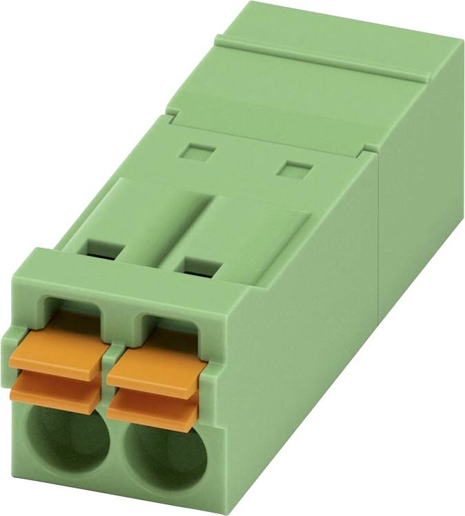 Ein grüner elektrischer Verbinder mit zwei orangefarbenen Hebeln, der zum Sichern von Drähten in einer Schaltung verwendet wird.